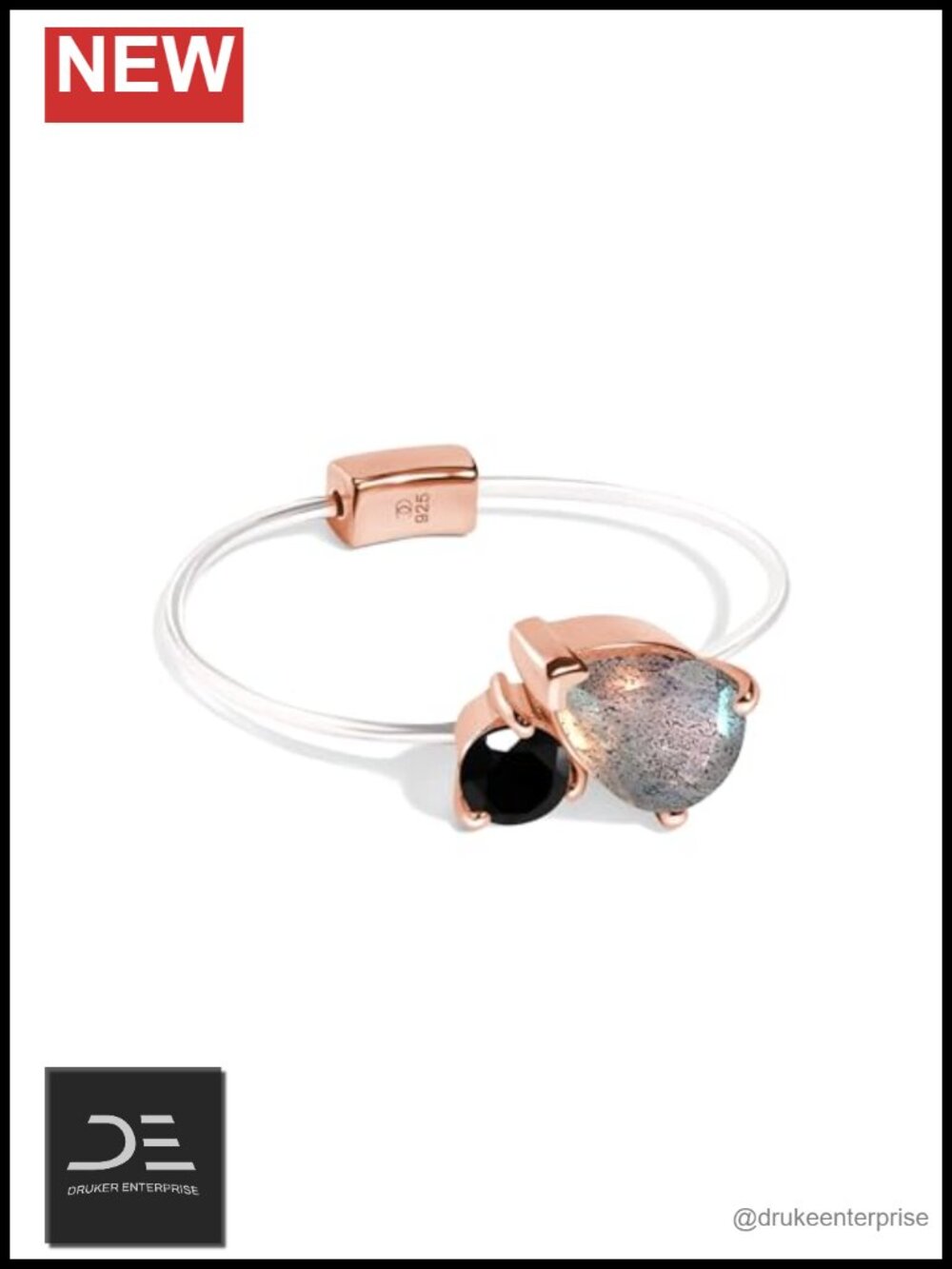 Toi et Moi Floating Ring, Labradorite & Black Obsidian, Invisible Nylon Band